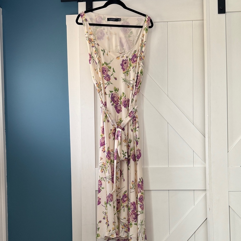 Ralph Lauren Ivory and Purple Floral Chiffon Dress - 16
